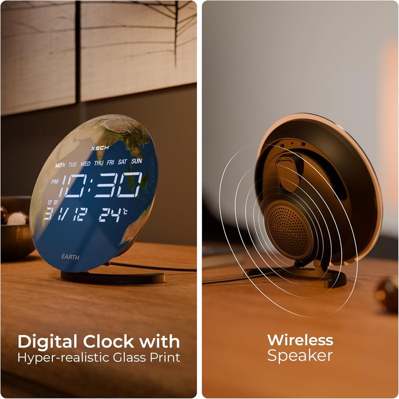 Xech Digital Table Alarm Clock with Wireless Speaker, Extra Loud Dual Alarms, LED Display, Stylish Desk Clock for Bedroom & Office (Solaris-X Earth) - Image 2
