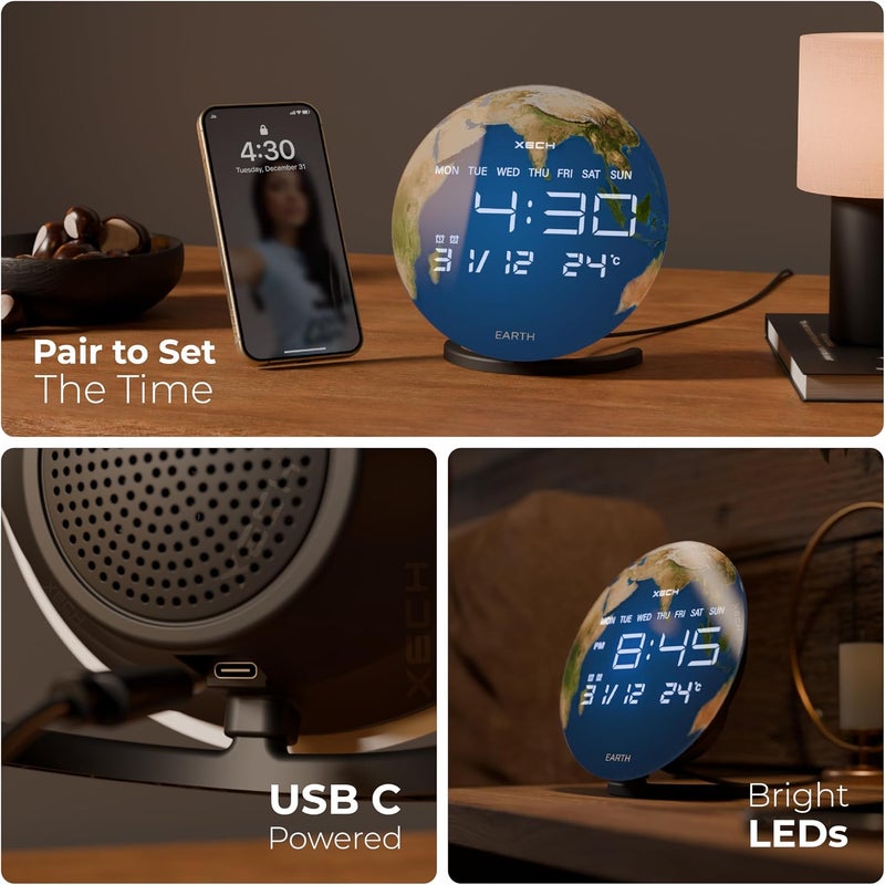 Xech Digital Table Alarm Clock with Wireless Speaker, Extra Loud Dual Alarms, LED Display, Stylish Desk Clock for Bedroom & Office (Solaris-X Earth) - Image 3