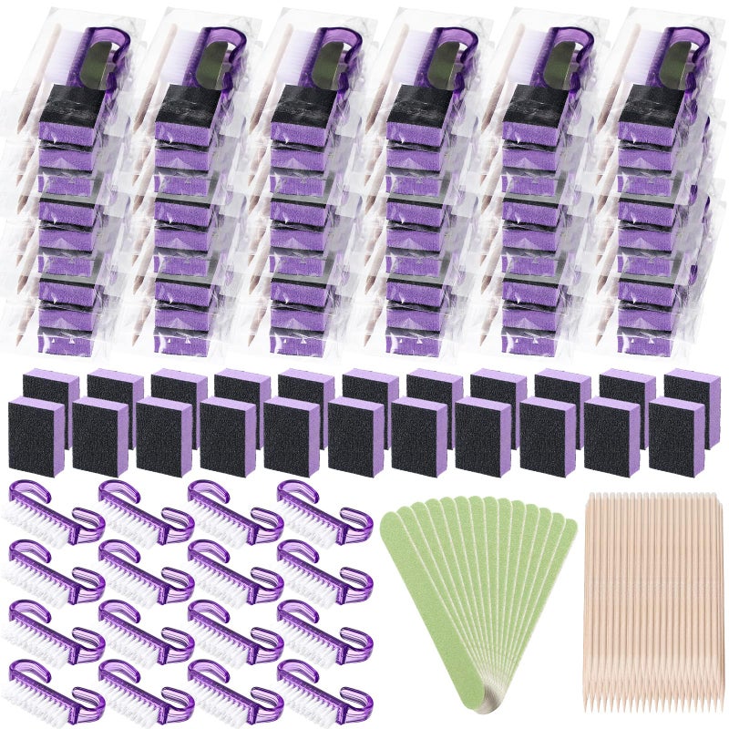Leriton 100 Sets Professional Disposable Manicure Kit Basics 4 Piece Nail Kit Wood Nail File 100/180 Grit, Mini Buffer 80/100 Grit, Wood Stick and Handle Grip Brush Gifts(Purple) - Image 1