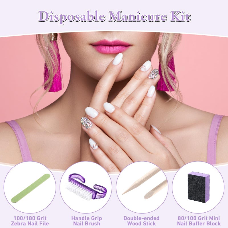 Leriton 100 Sets Professional Disposable Manicure Kit Basics 4 Piece Nail Kit Wood Nail File 100/180 Grit, Mini Buffer 80/100 Grit, Wood Stick and Handle Grip Brush Gifts(Purple) - Image 5