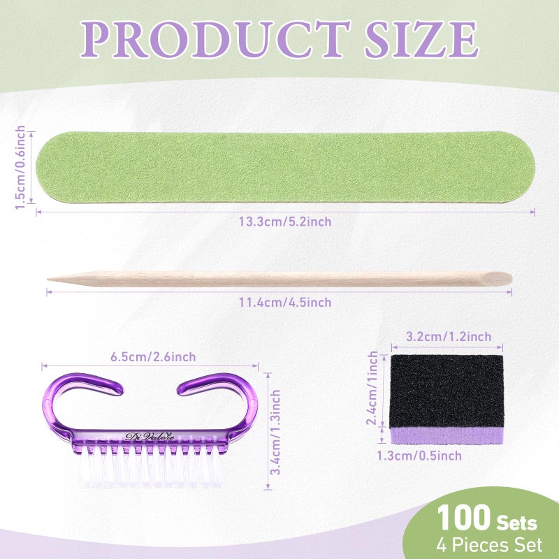 Leriton 100 Sets Professional Disposable Manicure Kit Basics 4 Piece Nail Kit Wood Nail File 100/180 Grit, Mini Buffer 80/100 Grit, Wood Stick and Handle Grip Brush Gifts(Purple) - Image 2