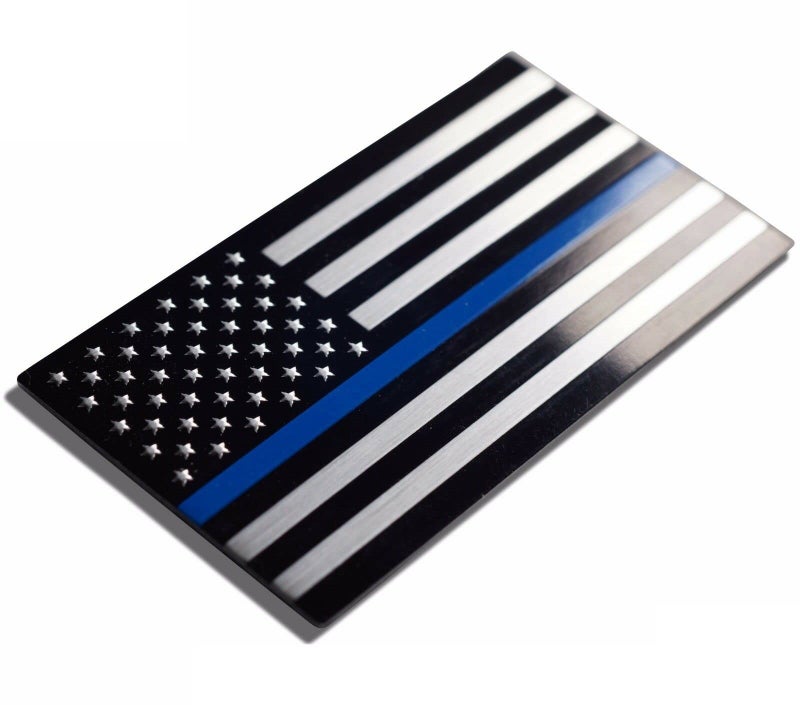 Muzzys-Premium Aluminum Thin Blue LINE American Flag Decal Emblem Sticker Badge 3.2"x1.75" United States Back The Blue Universal Stick On Car Truck Bumper Window Glass Patriotic Gift Made in The USA…