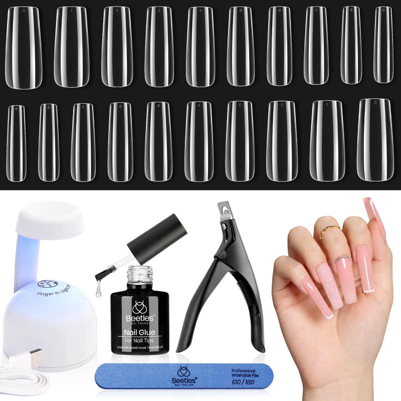 beetles Gel Polish Beetles Gel Nail Kit Easy Extension Set 240 PCS Long Square Gel Nail Tips Full Cover With 5 In 1 Nail Glue Base Gel and Innovative Uv Led Lamp Easy DIY Gift for Women