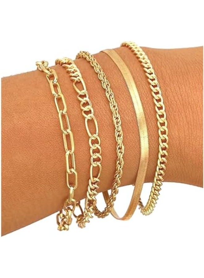 م اكس م طقم أساور ذهبي متعدد الطبقات للنساء، سلسلة كوبية مقاومة للماء، مشبك ورق أنيق، تصميم عصري للفتيات والنساء، هدية مجوهرات عصرية (عبوة E) - Image 1