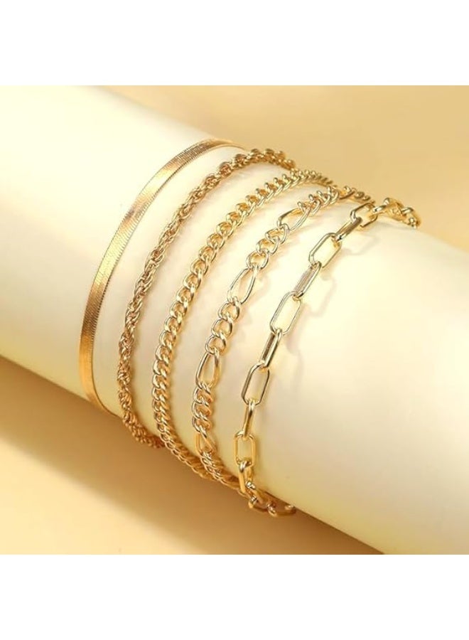 م اكس م طقم أساور ذهبي متعدد الطبقات للنساء، سلسلة كوبية مقاومة للماء، مشبك ورق أنيق، تصميم عصري للفتيات والنساء، هدية مجوهرات عصرية (عبوة E) - Image 4