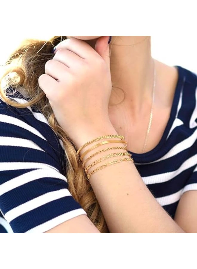 م اكس م طقم أساور ذهبي متعدد الطبقات للنساء، سلسلة كوبية مقاومة للماء، مشبك ورق أنيق، تصميم عصري للفتيات والنساء، هدية مجوهرات عصرية (عبوة E) - Image 2