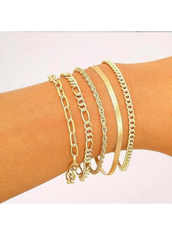 م اكس م طقم أساور ذهبي متعدد الطبقات للنساء، سلسلة كوبية مقاومة للماء، مشبك ورق أنيق، تصميم عصري للفتيات والنساء، هدية مجوهرات عصرية (عبوة E) - Image 5