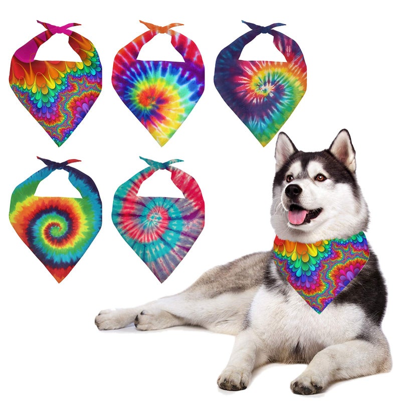 Howilath 5 PCS Set Dog Bandana - Tie-Dye Washable Triangle Bandana - Abstract Spiral Rainbow Colorful Dog Neckerchief Colorful Triangle Bibs Dog Scarf for Dogs Cats Pets One Size - Image 4