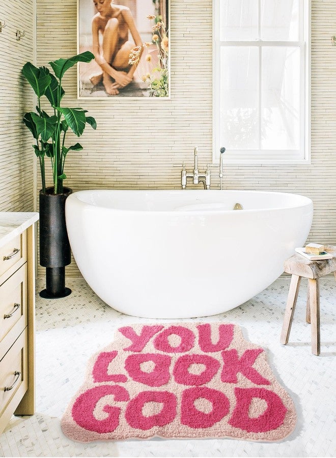 DyeFury You Look Good Bath Mat Pink, Cute Bathroom Rugs for Girls Fun Funny Funky Rug Bedroom Pink Preppy Bathroom Decor Hello Beautiful Gorgeous Bath Rugs for Kids Women Non-Slip, 25" x 21" - Image 2