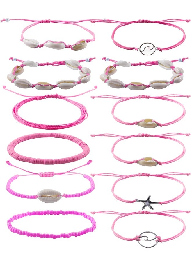 PIPITREE 12Pcs Beach Surfer Wave Bracelets for women, Adjustable Handmade Waterproof Braided String Beaded Anklets Starfish Shell Ankle Bracelet for Girls Boho Summer Rose Pink Bracelet Set, Small - Image 1