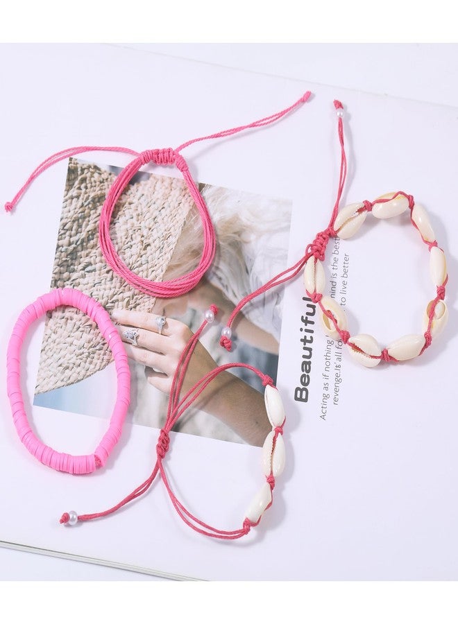 PIPITREE 12Pcs Beach Surfer Wave Bracelets for women, Adjustable Handmade Waterproof Braided String Beaded Anklets Starfish Shell Ankle Bracelet for Girls Boho Summer Rose Pink Bracelet Set, Small - Image 3