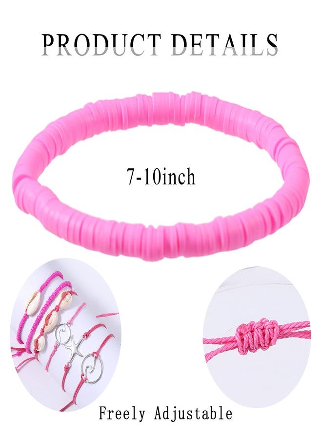 PIPITREE 12Pcs Beach Surfer Wave Bracelets for women, Adjustable Handmade Waterproof Braided String Beaded Anklets Starfish Shell Ankle Bracelet for Girls Boho Summer Rose Pink Bracelet Set, Small - Image 2