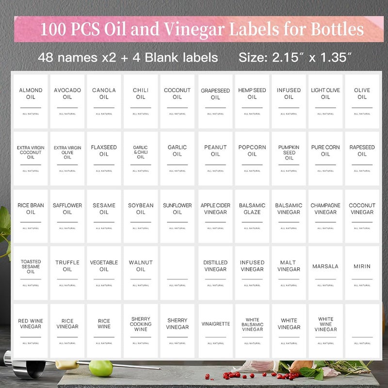 TESWEY 100 PCS Oil and Vinegar Labels for Bottles,Olive Oil and Avocado Oil Labels Stickers for Squeeze Dispensers,Cooking Oil Bottle Jar Labels(White) - Image 2