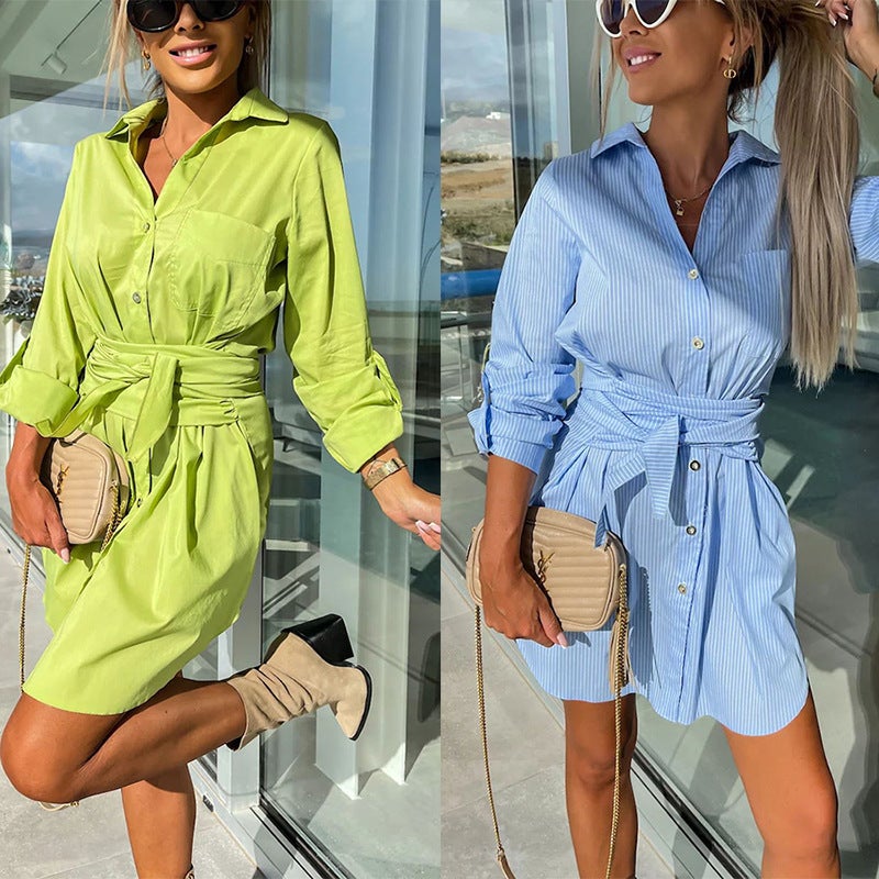 2023 New Lace-Up Cardigan Multi-Color Roll-Up Sleeve Dress Shirt fluorescent green - Image 4
