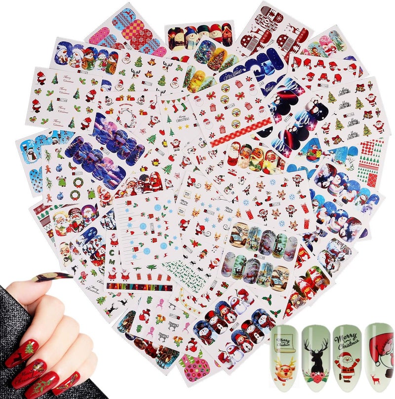 48 Sheets Christmas New Year Theme Nail Art Stickers DecalsMWOOT Nail Water Transfer Sticker with Santa Claus Reindeer Xmas Tree Snowman for DIY Nail Tips Decoration