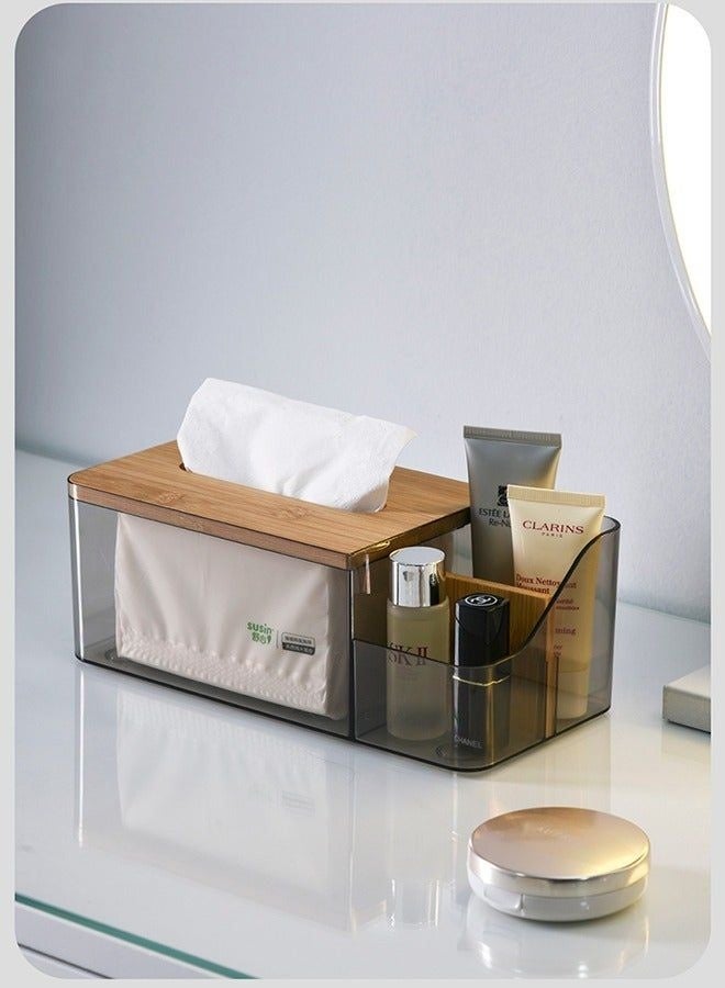 Rectangular Tissue Box Cover with Organizer, Brown Wood Top & Clear Body - Image 2