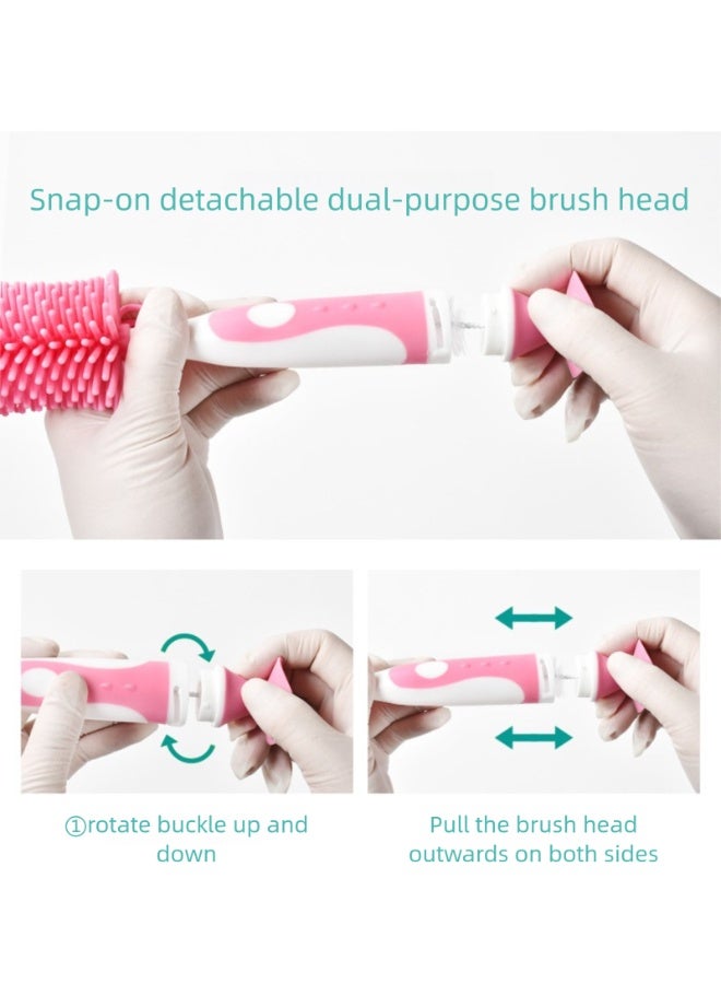 2-in-1 360° rotating baby bottle brush kit, white long handle design, spiral brush head, can be flexibly rotated deep into the inside of the baby bottle, safe material does not hurt the baby bottle, to achieve full-angle cleaning.The end of the brush handle is equipped with a non-slip grip, which is convenient for parents to operate with one hand. It is a practical tool for cleaning baby bottles after feeding infants and young children. - Image 3
