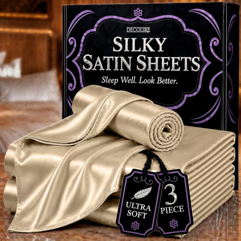 DECOLURE Satin Sheets Twin Size Set 3 Pcs - Silky & Luxuriously Soft Satin Bed Sheets w/ 15 inch Deep Pocket - Similar to Silk Sheets - Double Stitching, Wrinkle Free (Ivory) - Image 1