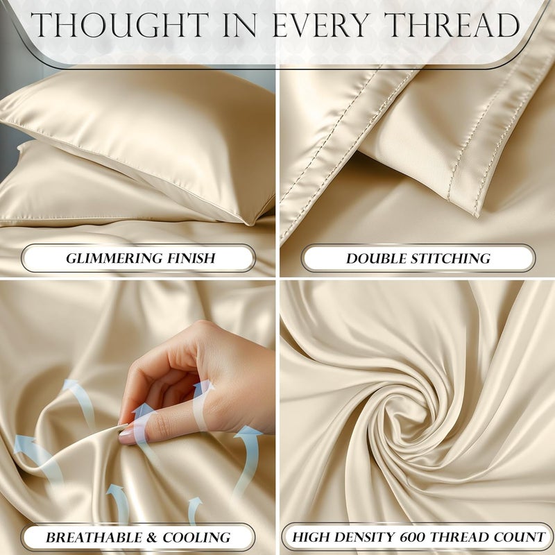 DECOLURE Satin Sheets Twin Size Set 3 Pcs - Silky & Luxuriously Soft Satin Bed Sheets w/ 15 inch Deep Pocket - Similar to Silk Sheets - Double Stitching, Wrinkle Free (Ivory) - Image 3