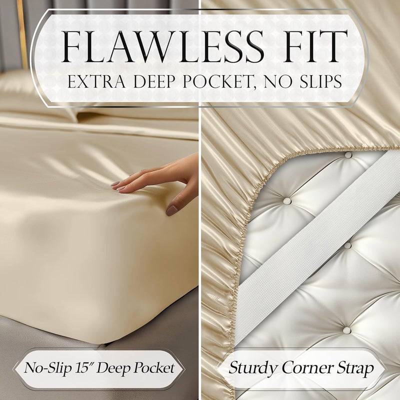 DECOLURE Satin Sheets Twin Size Set 3 Pcs - Silky & Luxuriously Soft Satin Bed Sheets w/ 15 inch Deep Pocket - Similar to Silk Sheets - Double Stitching, Wrinkle Free (Ivory) - Image 5