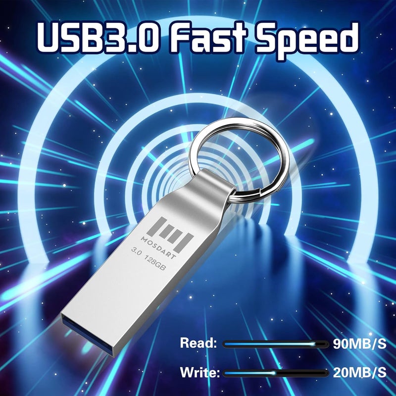 موس دارت محرك أقراص فلاش MOSDART USB 3.0 سعة 128 جيجابايت، معدني مع حلقة مفاتيح، سرعة تصل إلى 90 ميجابايت/ثانية، محرك إبهام USB 3.0 سريع، 128 جيجابايت مقاوم للماء، عصا ذاكرة، فضي - Image 2