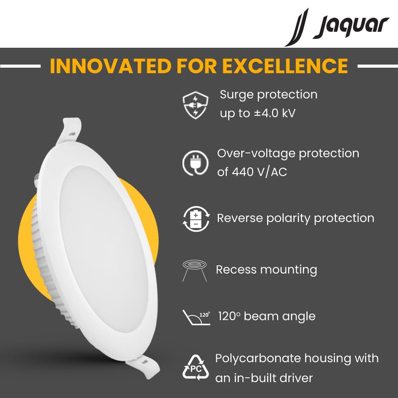 Jaquar Strella Slim 12W Round Recess Down Light - Warm White, Energy Efficient LED Ceiling Light for Home and Office (Pack of 5) - Image 3