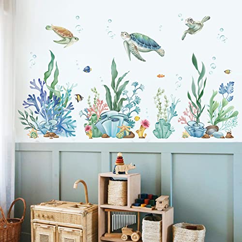 wondever Ocean Seaweed Grass Wall Stickers Turtle Under The Sea Peel and Stick Wall Art Decals for Baby Nursery Kids Bedroom Bathroom - Image 1