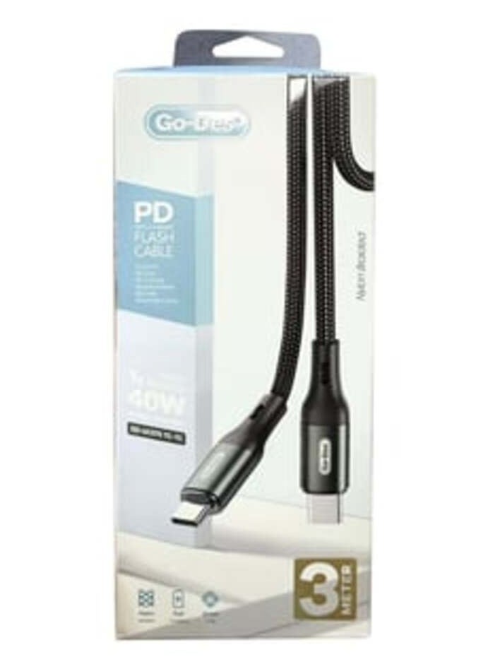 GO-DES 3 Meter USB-C to USB-C Cable Black 40W Fast Charge 5A Power Delivery Cord for High-Speed Charging and Data Transfer - Image 1