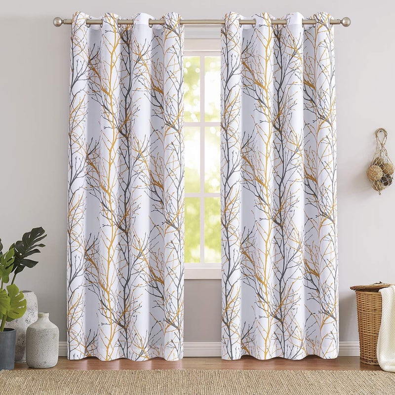 FMFUNCTEX 100% Blackout Curtains Yellow White Tree Liner Curtains for Bedroom  Branch Partterned Curtains 63 inch Length for Living Room  Room Darkening Thermal Insulated Drapes  Grommet Top 2 Panels - Image 2