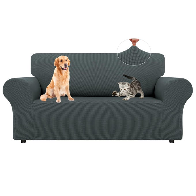 STRETCH LOVESEAT SOFA SLIPCOVERS 1 PIECE COUCH COVERS FOR SOFA FURNITURE PROTECTOR FULL SOFA COVERS WITH ELASTIC BOTTOM FOR KIDS AND DOG MEDIUM GREY