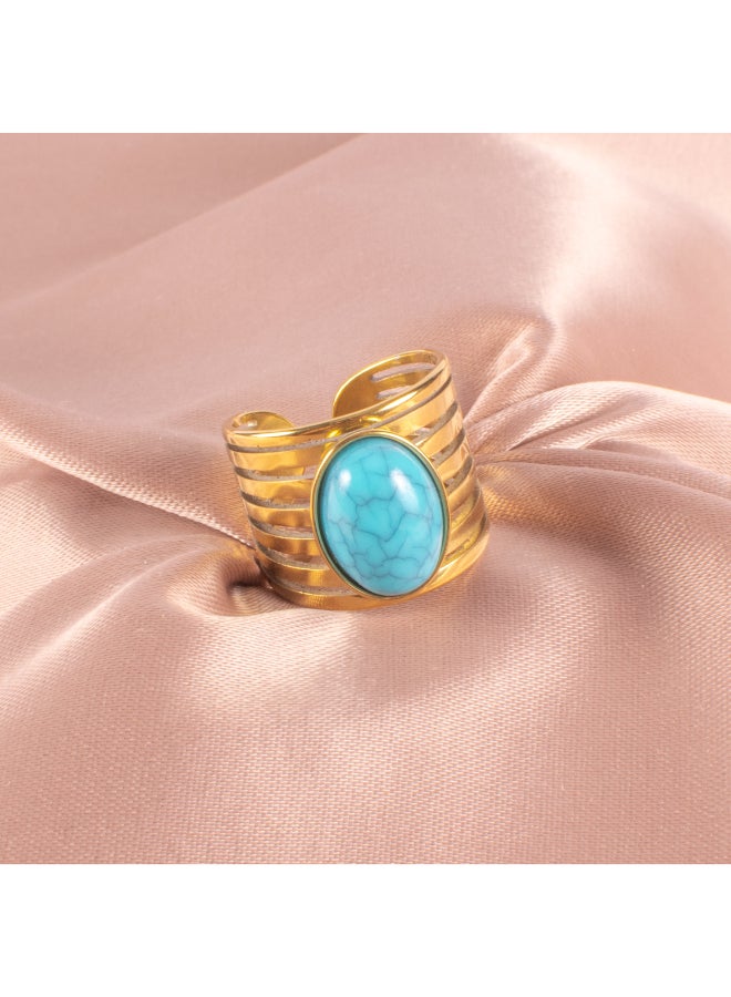 ذا بلاك بيرل اكسسوريز خاتم أستانليس ستيل ذهبي فري سايز مرصع بالحجر الفيروزي - Image 1