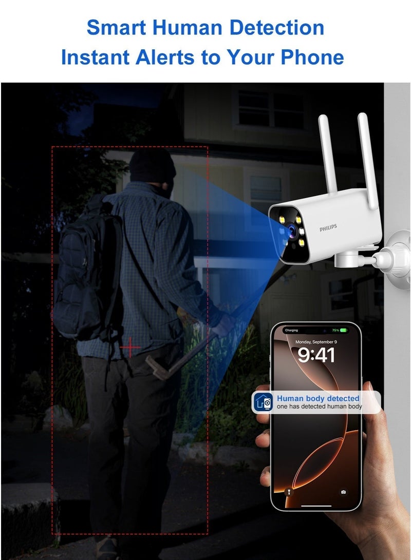 Philips 2MP Outdoor Camera, Outdoor Security Camera & CCTV Camera for Home, Bullet Camera with AI-Enhanced 2K-Like 1080P Video, Smart Surveillance Camera, 180° Pan & 90° Tilt, Color Night Vision, Two-Way Audio, IP66 Waterproof Home Security System - Image 4