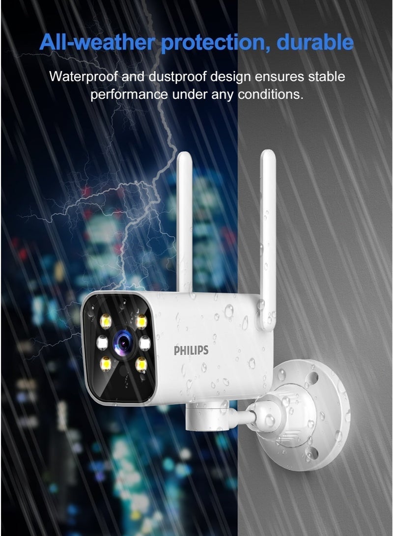 Philips 2MP Outdoor Bullet Security Camera for Home, 1080P AI Enhanced HD WiFi CCTV Surveillance Camera, Smart Outdoor Camera System with 180° Pan & 90° Tilt, Color Night Vision, Two-Way Audio,Only supports 2.4GHz Wifi,Supports Up to 128GB TF Card & Cloud Storage, IP66 Waterproof - Image 2