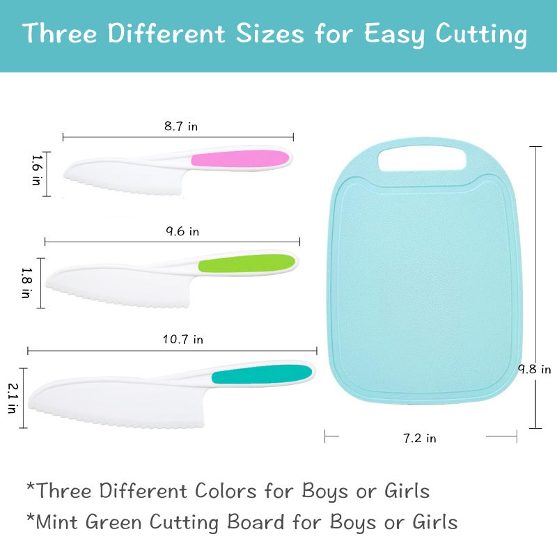 GONEJALL Kids Knife Set for Real Cooking, 4 Pieces Toddler Knife Set, Nylon Kitchen Baking Knife with Cutting Board, Firm Grip, Serrated Edges Kids Knives for Cutting Cakes, Fruit, Veggies & Bread - Image 4