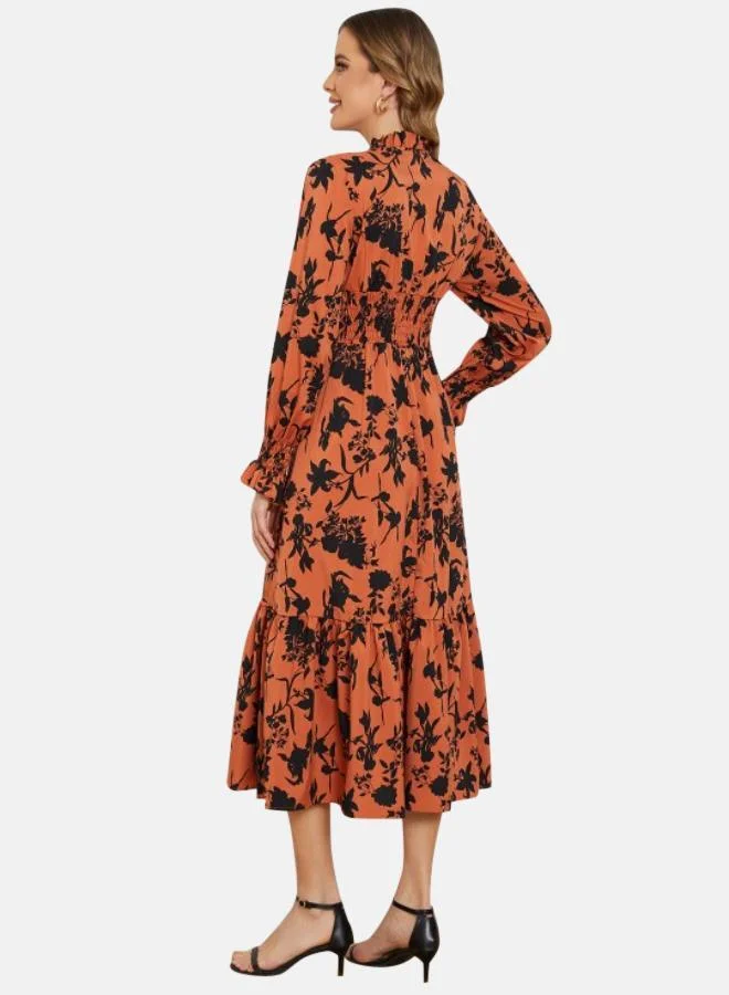 يونيكي Orange & Black Floral Print Fit & Flare Midi Dress