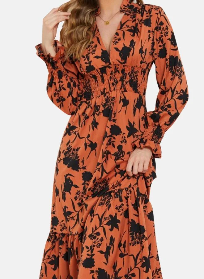 يونيكي Orange & Black Floral Print Fit & Flare Midi Dress