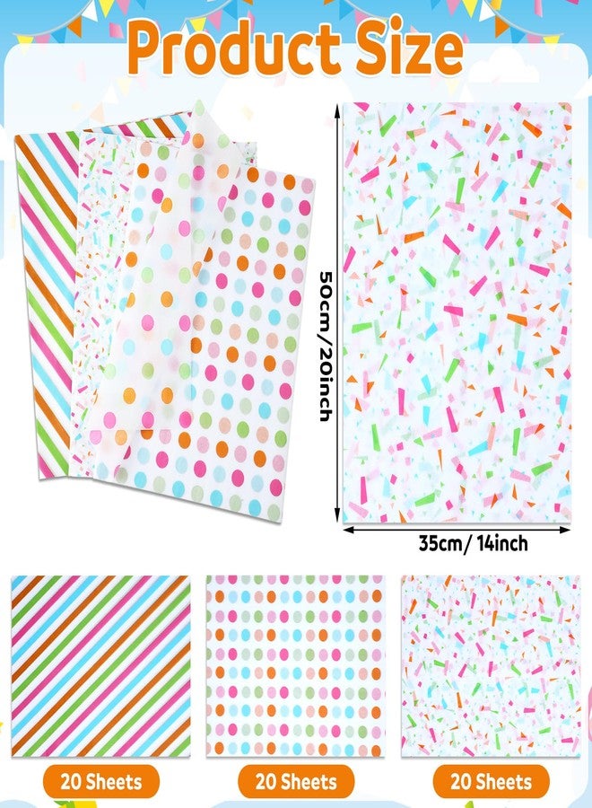 Marspark 60 Sheets Rainbow Tissue Paper for Gift Bags, Polka Dot, Stripe and Confetti Gift Wrapping Paper for Birthday, DIY Crafts, Baby Shower, Party Decor and Wedding, Bulk 3 Designs - Image 2