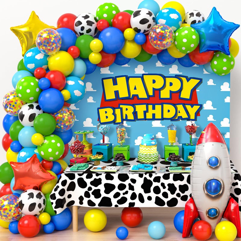 Winrayk 154Pcs Toy Inspired Story Birthday Party Decorations Supplies for Kids Teen, Balloon Arch with Backdrop Tablecloth Cow Print Balloons Star Rocket, Cartoon Game Girls Boys Birthday Party Decor - Image 1