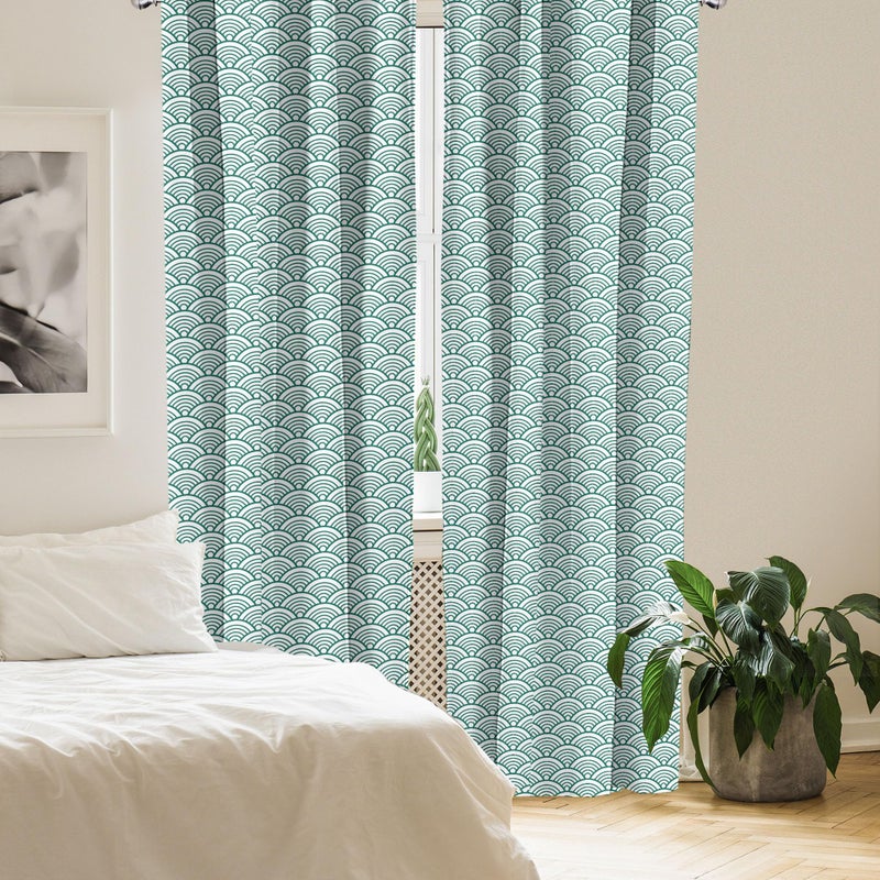 Ambesonne Teal Curtains  Traditional Japanese Chinese Seigaiha Pattern Abstract Scales Inspirations  Window Treatments 2 Panel Set for Living Room Bedroom  Pair of - 28"" x 84""  Jade White - Image 4