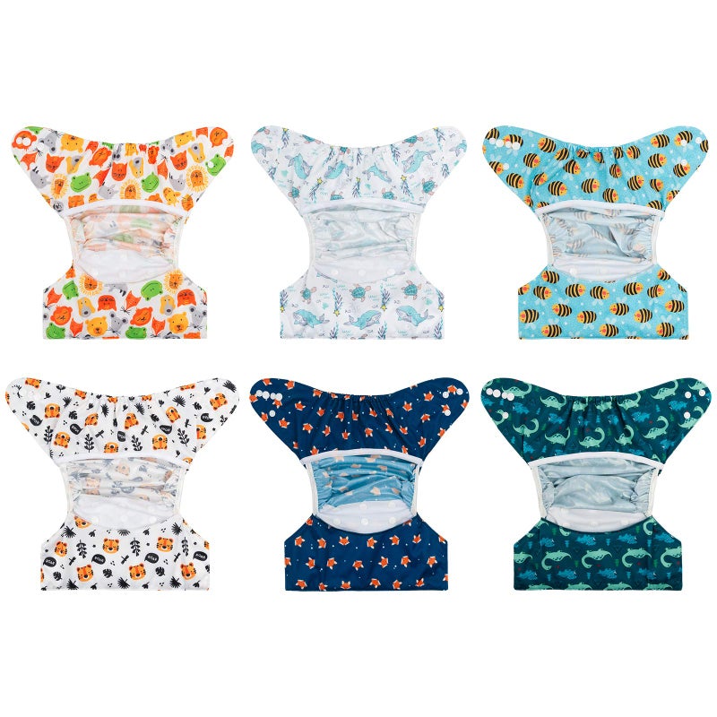 Babygoal Cloth Diaper Covers 6 Pack+Wet Bag for Fitted Diapers and Prefolds with Double Gussets, Adjustable and Reusable for Baby Boys 6DCF08 - Image 3