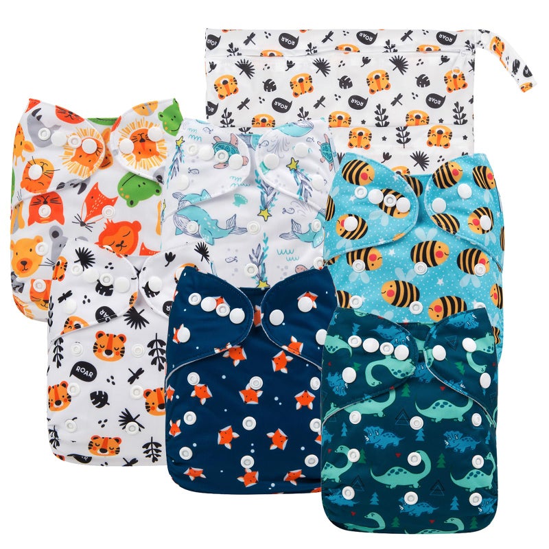 Babygoal Cloth Diaper Covers 6 Pack+Wet Bag for Fitted Diapers and Prefolds with Double Gussets, Adjustable and Reusable for Baby Boys 6DCF08 - Image 1