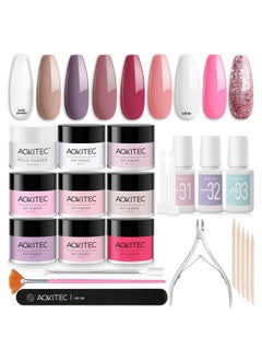 Aokitec Dip Powder Nail Kit Starter With Dip Build Powder, White Pink Red Glitter 8＋1 Colors Dipping Powder Liquid Set With Base/Top Gel Activator For French Nail Manicure Art Salon  - Image 1