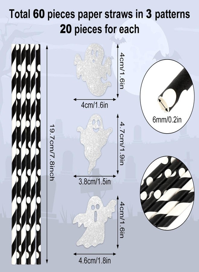 Whaline Halloween Ghost Paper Straws Glitter Ghost Disposable Drinking Straws Cute Spooky Black White Decorative Straw for Trick or Treat Halloween Juices Shakes Cocktail Party Supplies, 60Pcs - Image 2