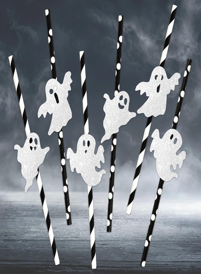 Whaline Halloween Ghost Paper Straws Glitter Ghost Disposable Drinking Straws Cute Spooky Black White Decorative Straw for Trick or Treat Halloween Juices Shakes Cocktail Party Supplies, 60Pcs - Image 1