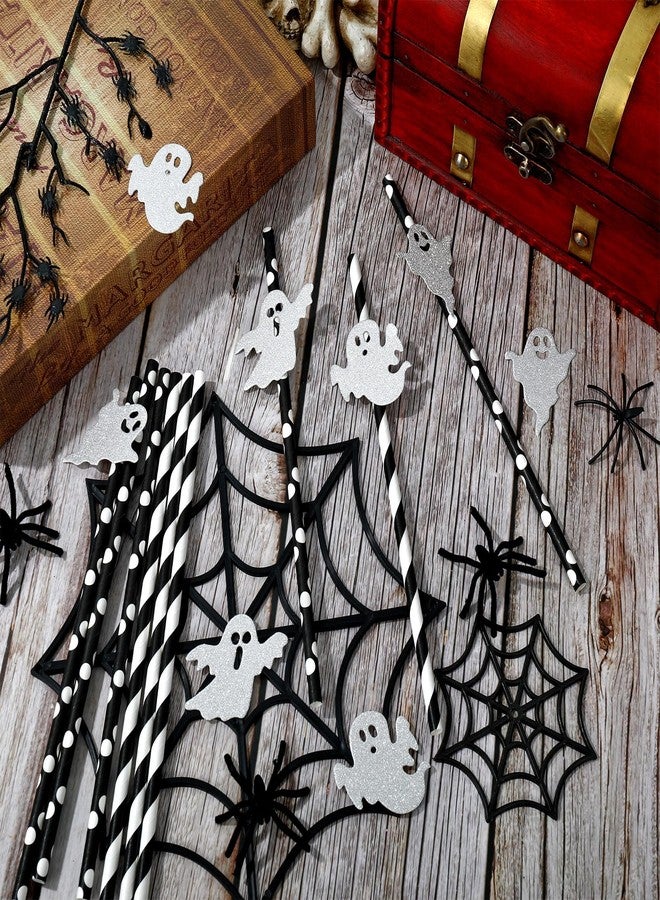 Whaline Halloween Ghost Paper Straws Glitter Ghost Disposable Drinking Straws Cute Spooky Black White Decorative Straw for Trick or Treat Halloween Juices Shakes Cocktail Party Supplies, 60Pcs - Image 3