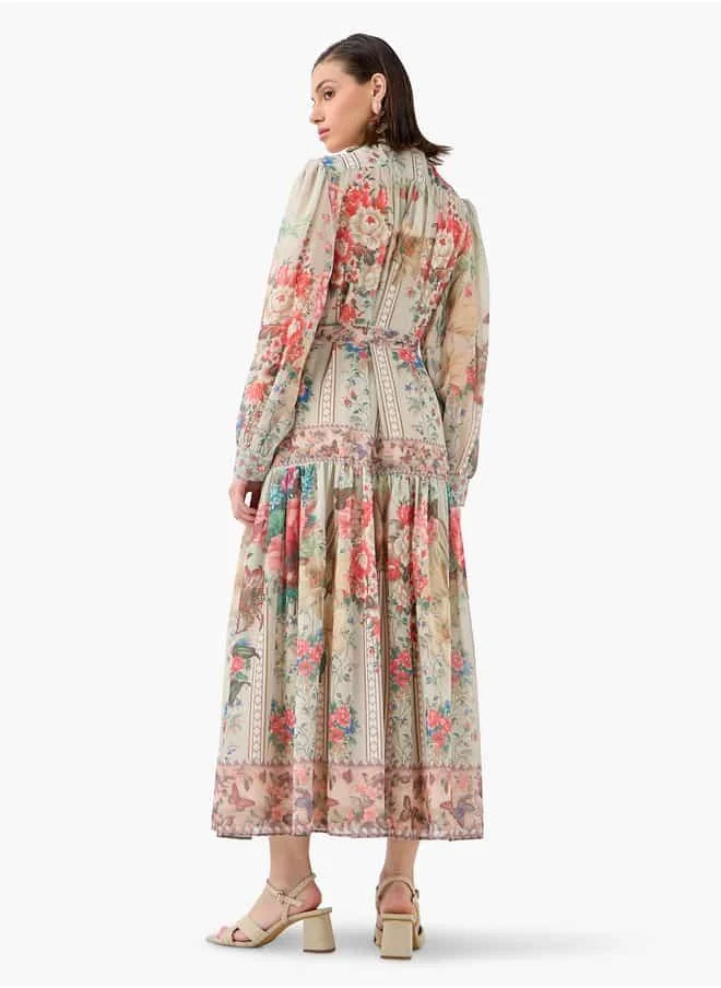 2Xtremz 2Xtremz Floral Print Shirt Dress with Long Sleeves and Waist Tie-Up