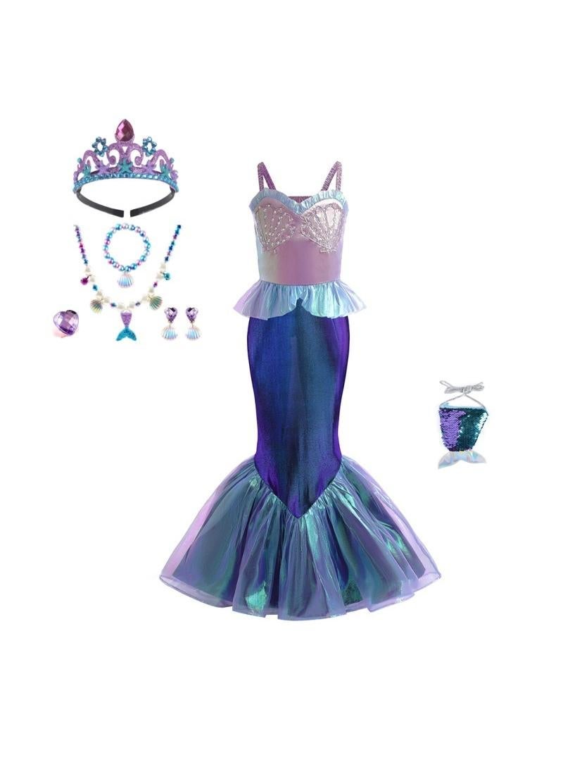 general Ariel Little Mermaid Complete Cosplay Dress Set for Girls - Party Performance Outfit with Faux Jewelry & Bag, Perfect Children's Day Gift - Image 1