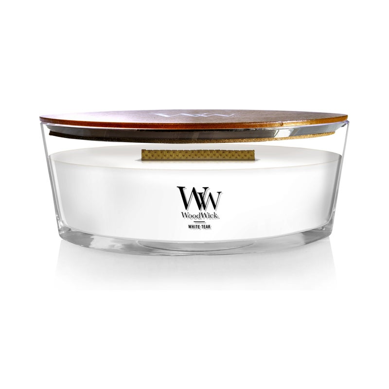 WoodWick White Teak Gifts for Women and Men 16 oz Ellipse Candle with Crackling Wick