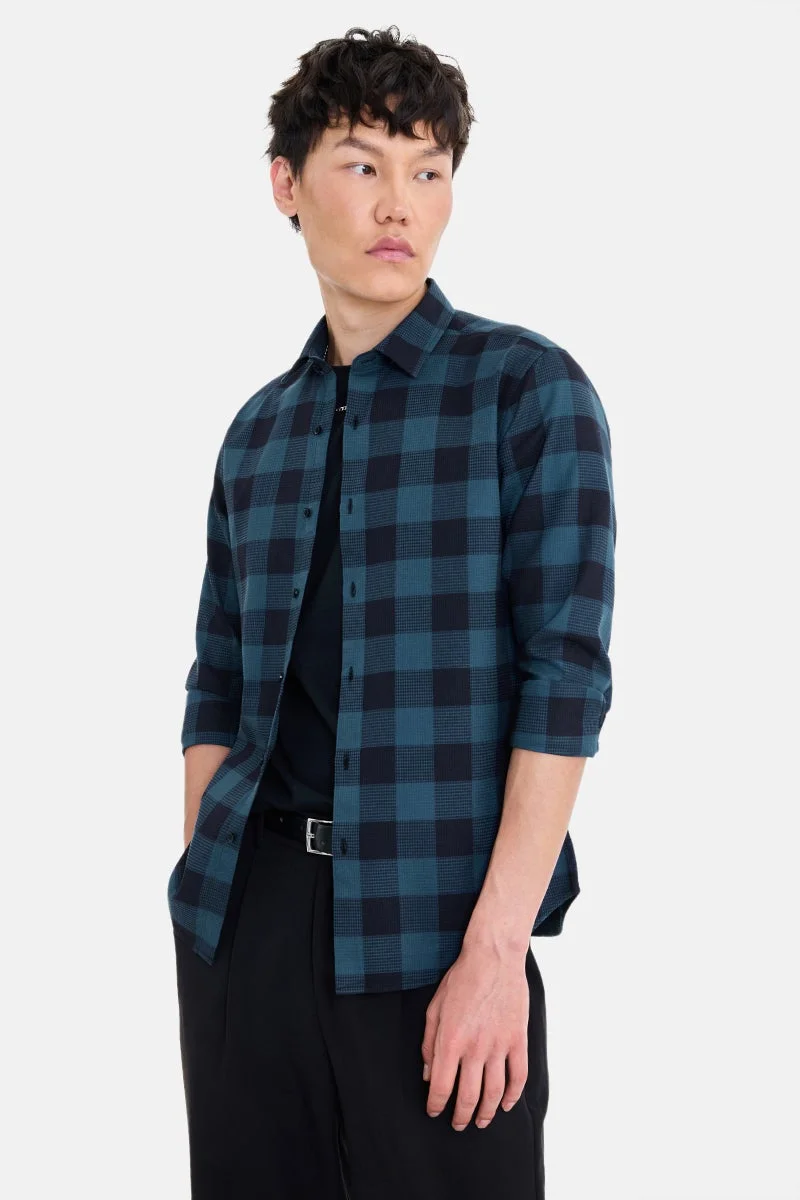 سنيتش Teal Checkered Long Sleeve Slim Fit Shirt