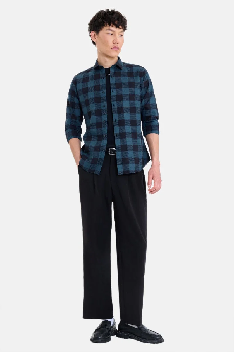 سنيتش Teal Checkered Long Sleeve Slim Fit Shirt